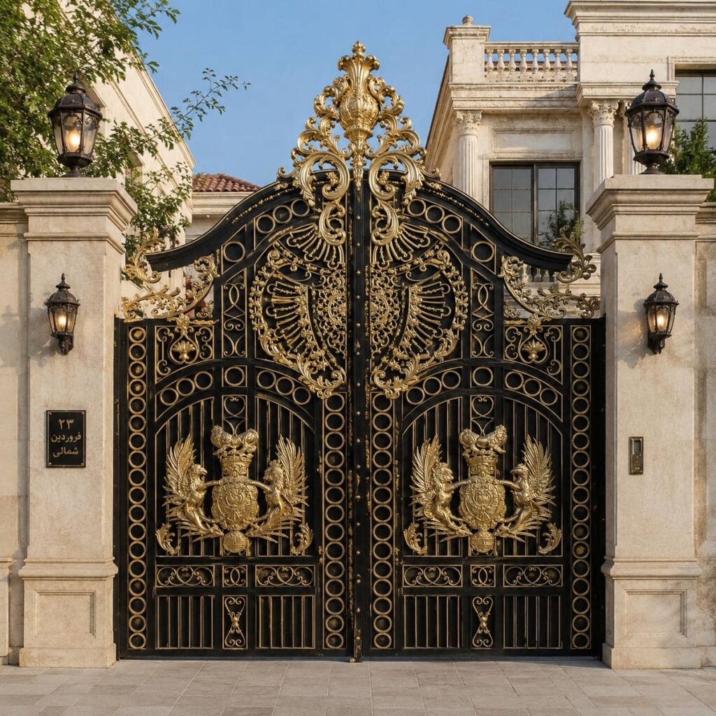 اجرای درب حیاط مشکی طلایی هندسی در اهواز