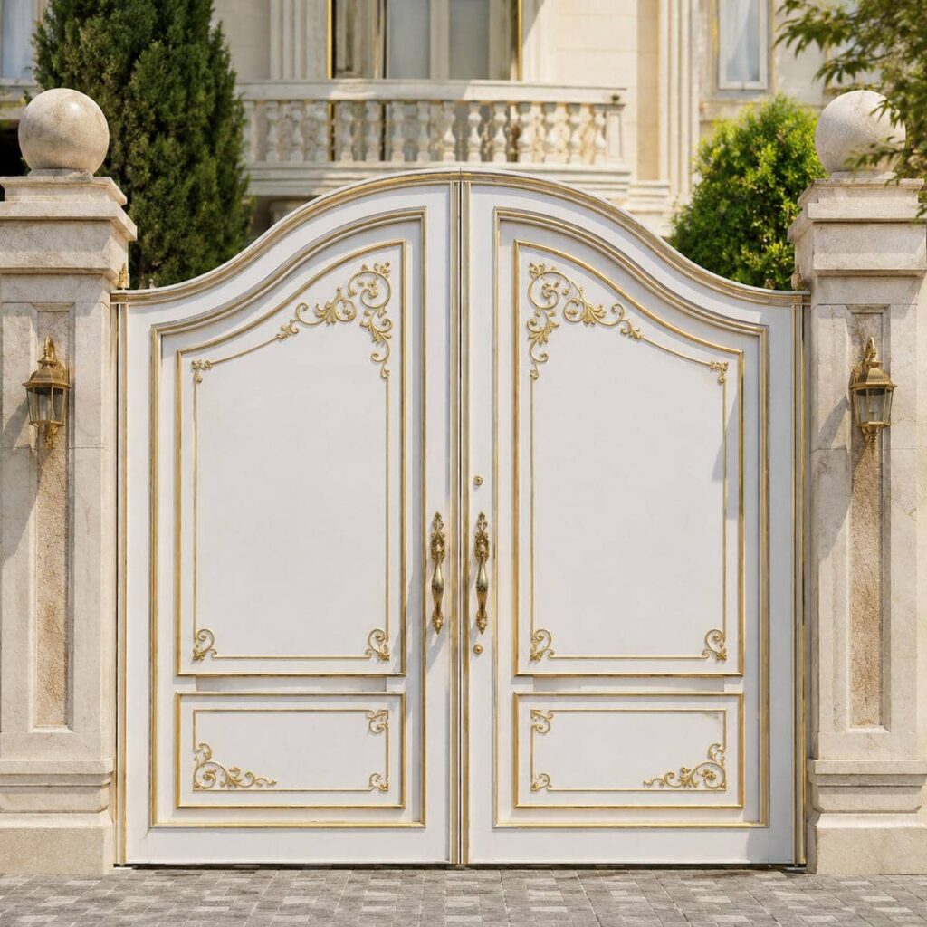اجرای درب حیاط سفید طلایی هندسی در اهواز