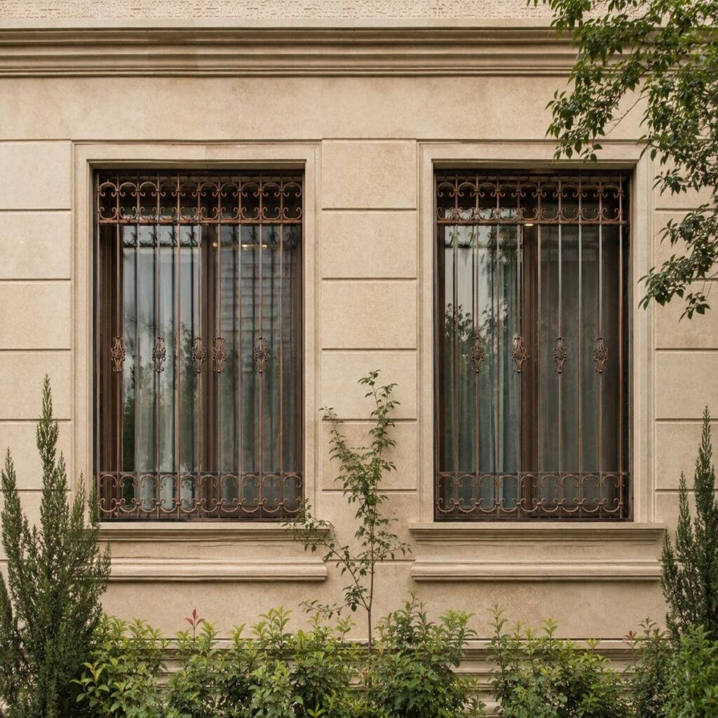 حفاظ پنجره ثابت پیچ و رولپلاک شبکه‌ای برای نمای ساختمان در اهواز